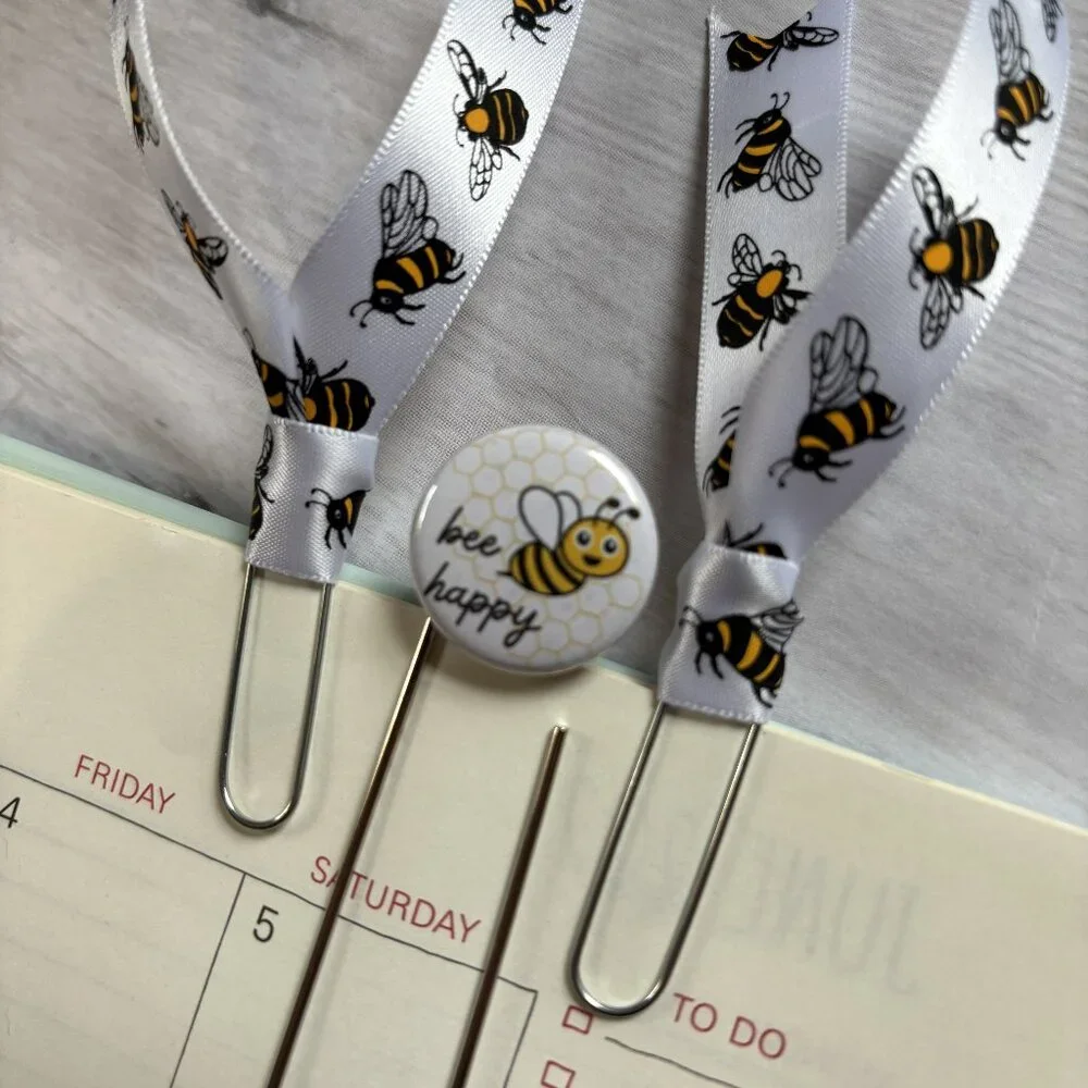 Bee Happy Jumbo Planner Clip Set - Cute Bee Ribbon Paperclips for Planners, Jour